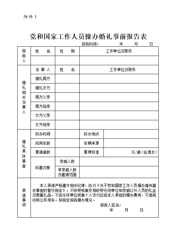 黨和國家工作人員操辦婚禮事前報告表